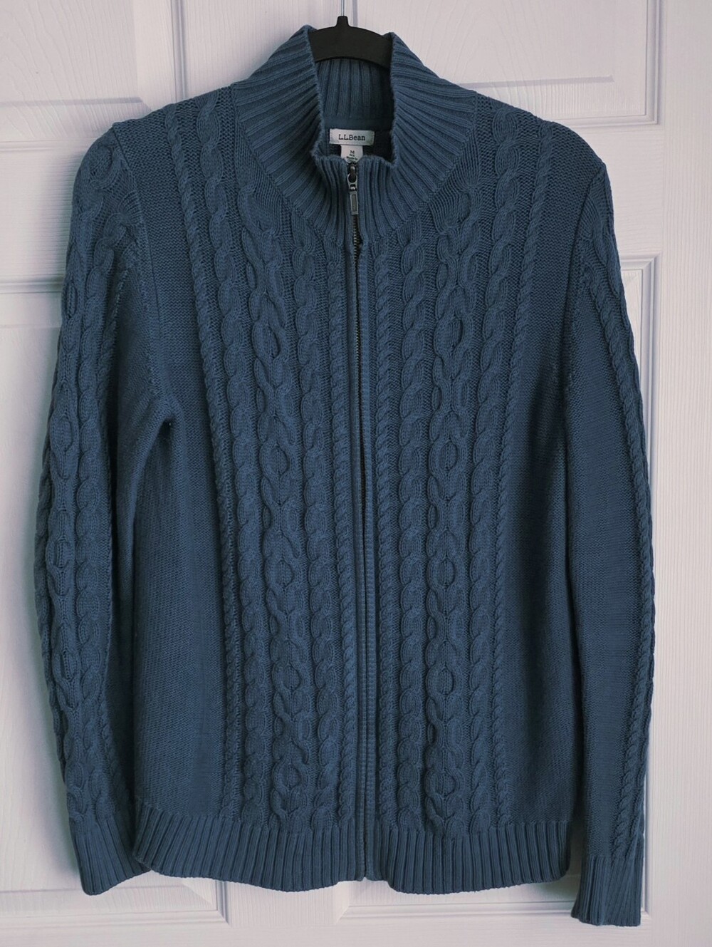 LL Bean Blue Full Zip Mock Neck Cable Knit Sweater Jacket Size Medium